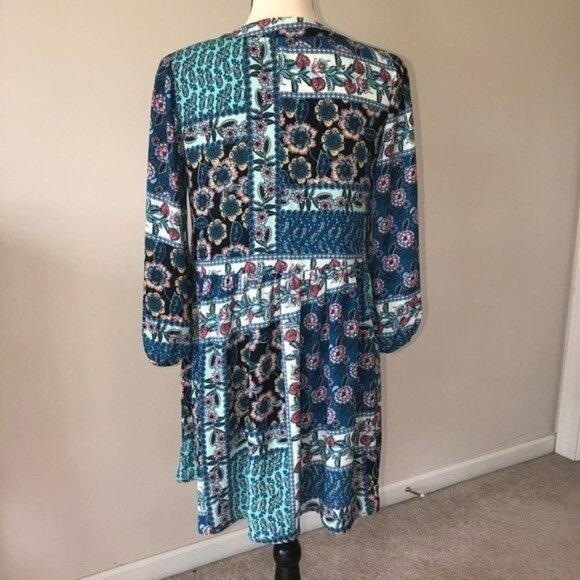 Patchwork Mini Dress Size XS Tunic Tassles Blue Print Long Sleeves Boho Cottage - Picture 4 of 6